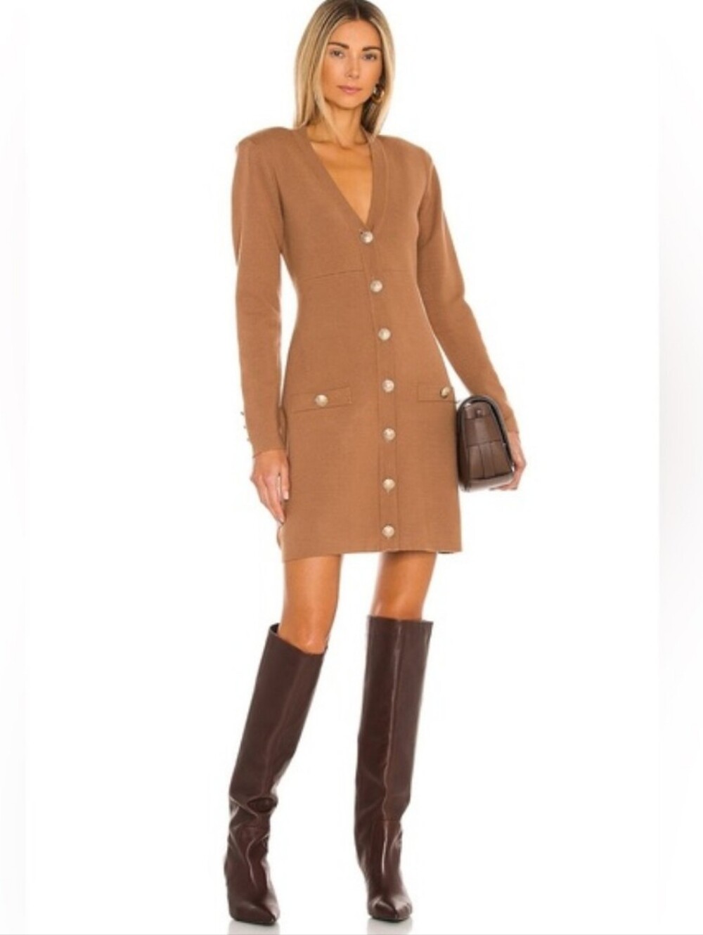 L'AGENCE Breanna V Neck Sweater Knit Mini Dress Crest Buttons Camel Color